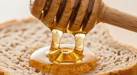Close up of honey dripping from a wooden dipper onto a slice of bread on a light colored background