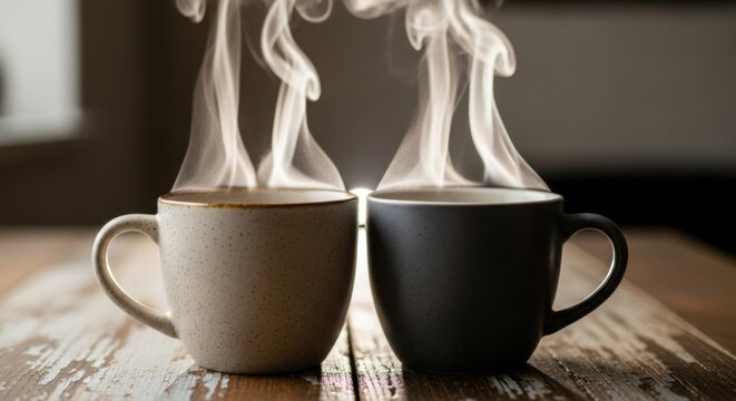 Two steaming mugs of hot beverage sitting on a wooden surface with a blurred background behind them