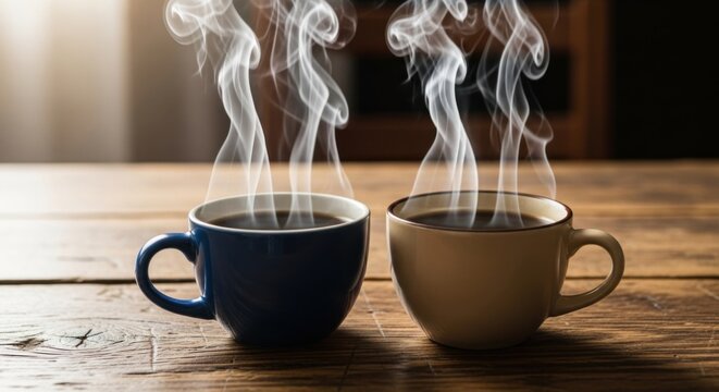 Two steaming cups of coffee on a wooden table creating a warm and inviting atmosphere indoors - Powered by Adobe