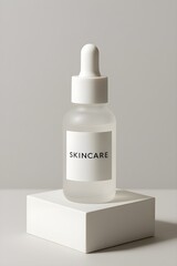 Minimalist Frosted Glass Skincare Serum Bottle on White Pedestal with Soft Natural Lighting Background