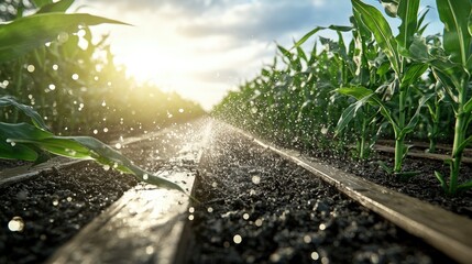 Water sprinkler irrigates lush green corn field, showcasing farm equipment at work against a bright blue sky