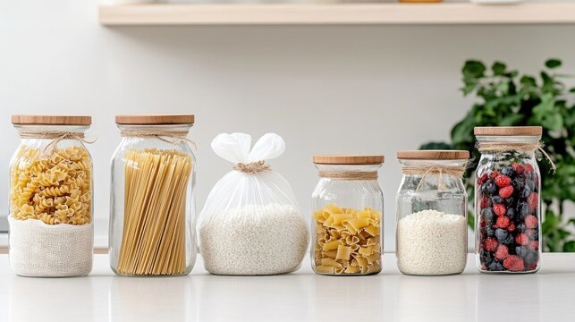 Glass jars filled with different types of pasta, grains, and vegetables are neatly arranged on a kitchen counter with wooden accents - Powered by Adobe