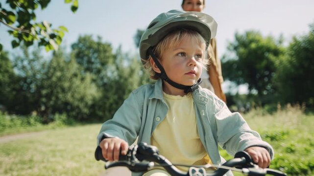 Young boy wearing a safety helmet learning to ride his first bicycle with his mother teaching him in a sunny green park, concentrating on the challenge of balancing and pedaling on his own