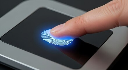 Finger pressing on a fingerprint scanner with a blue glowing fingerprint design on the screen