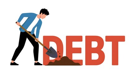 Man digging away at debt with shovel, financial freedom concept, financial responsibility, striving for success, overcoming challenges in business and life
