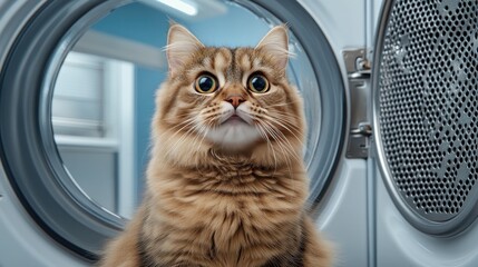 A cute fat cat stares with wide eyes from the inside of a washing machine, surrounded by a bright and airy environment