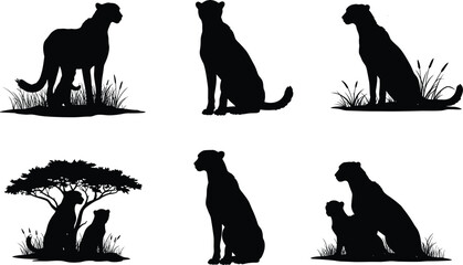 Black swan and cheetah silhouettes collection, wildlife animal vector illustration, exotic nature art, isolated safari animals design, elegant graphic set