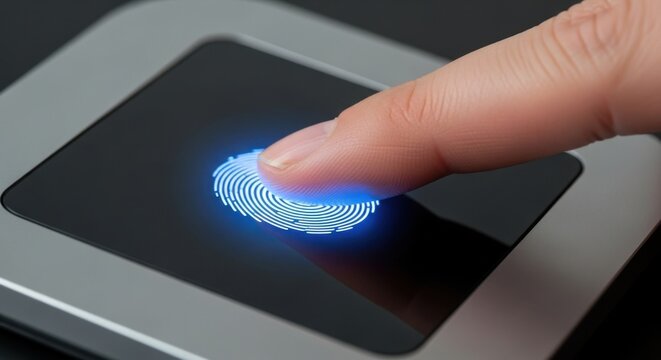 Finger pressing on a fingerprint scanner with a blue glowing fingerprint design on the screen
