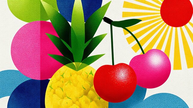 Colorful painting of a pineapple and cherry with a sun in the background. The painting is abstract and has a playful, whimsical feel to it