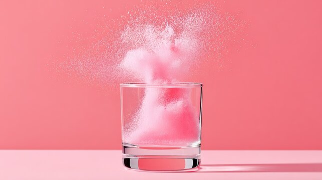 Glass filled with pink powder is poured into it. The powder is a light pink color and the glass is clear. Concept of playfulness and whimsy, as the powder seems to be a fun