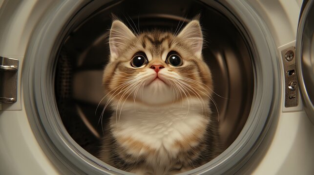 A cute fat cat stares with wide eyes from the inside of a washing machine, surrounded by a bright and airy environment