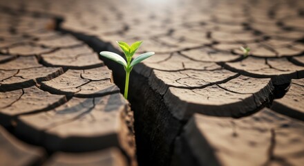 Small green plant growing out from cracked dry earth in arid land with sunlight above the horizon