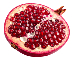 A high-resolution AI-generated image of a pomegranate cut in half, showing vibrant re 