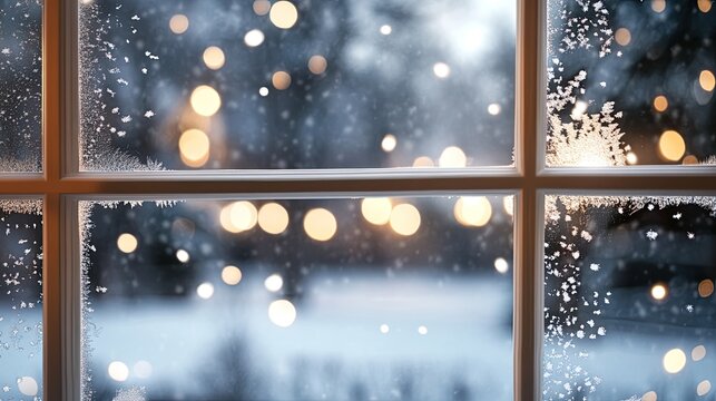 Looking through a frosted glass window, a tranquil winter garden emerges, illuminated by warm indoor light amidst the night sky
