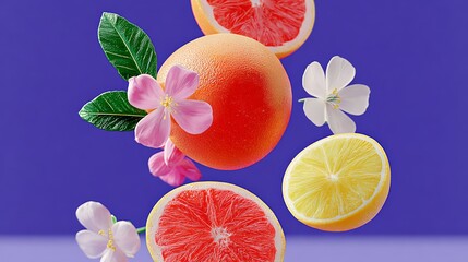Close up of a fruit salad with a pink grapefruit and a yellow lemon. The fruit salad is in the air, giving the impression of it being tossed or being thrown. The colors of the fruit are vibrant
