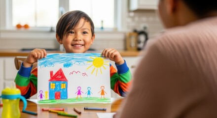 Young boy proudly displaying his colorful crayon drawing of a house family and sunny sky indoors