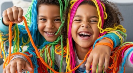 Two happy children covered in colorful yarn smiling and laughing together playfully indoors at home