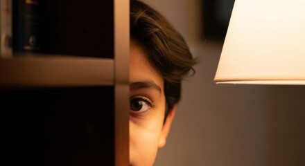 A young person peering from behind a dark wooden structure in a softly lit interior space at night