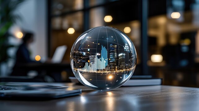 Transparent glass globe signifies digital twin of financial networks while a business person engages in work at a desk nearby