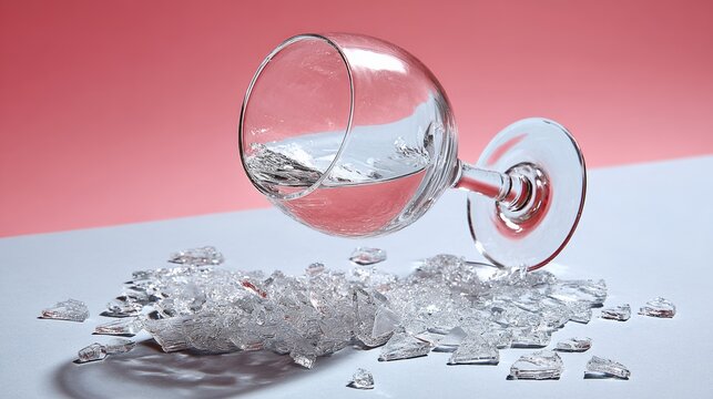 Glass of water is shattered on the ground, with shards of glass scattered around it. Concept of fragility and impermanence, as the once whole glass has been broken into pieces