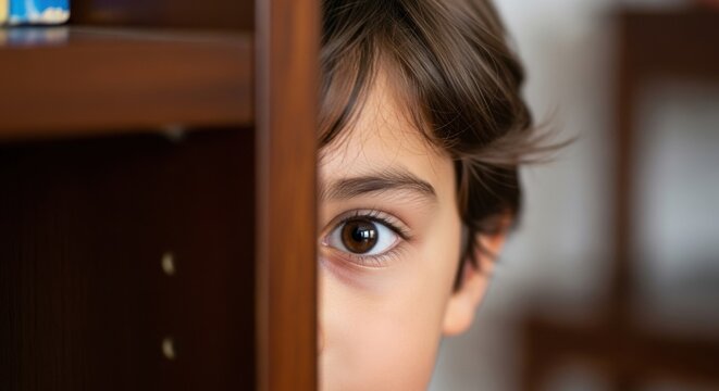 A young child peeking from behind a wooden structure with a curious and watchful expression on their face