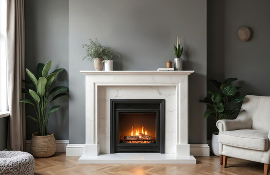 White marble fireplace with electric insert and burning logs. Large clock on grey wall in cozy living room with plants, chair, and wooden floor.