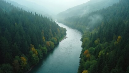 Aerial view shows winding river in mountain valley. Rich green evergreen forest with some autumn trees lines calm water. Mist hangs over distant hills. This tranquil nature landscape feels serene.