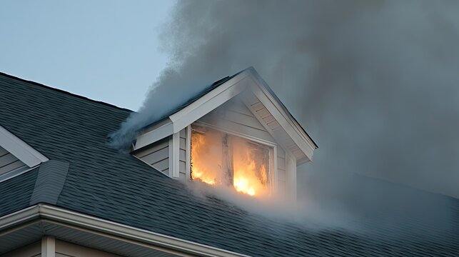 Flames erupt from the upper level of a house while dark smoke rises into the sky, alarming neighbors in a peaceful community