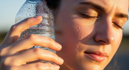 Woman holding a water bottle to her face with closed eyes on a sunny day after exercising outdoors