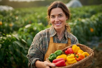 A smiling farmer woman holding basket of ripe, colorful bell peppers in greenhouse, wearing an apron, ready for market harvest, fresh produce from the farm.