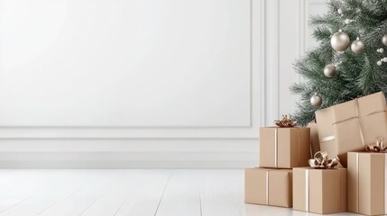 Naklejka premium Wrapped gifts create a warm festive atmosphere in a lovely living room decorated for Christmas with a glowing fire and tree