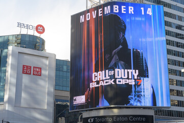Fototapeta premium digital billboard for Call of Duty: Black Ops 7 developed by Treyarch & Raven Software on display at CF Toronto Eaton Centre, Sankofa Square, Toronto