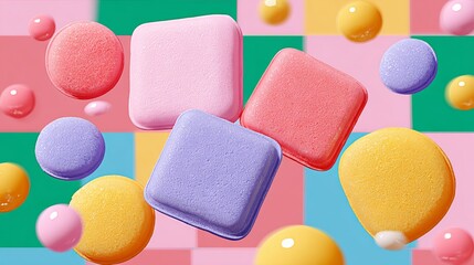 Colorful array of small, square-shaped candies with a variety of colors and flavors. The candies are arranged in a way that they appear to be floating in the air, creating a sense of whimsy