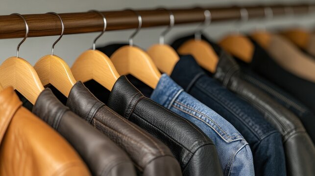 A variety of beige and blue garments hang neatly from a store rack, featuring leather jackets and jeans for an appealing display