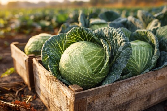 Freshly harvested green cabbages in wooden crates at sunset, displaying the natural beauty of agriculture and the abundance of healthy, locally grown produce.