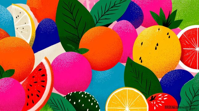 Colorful drawing of fruit with a blue background. The fruit includes oranges, watermelon, and strawberries