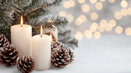 Beautifully arranged table setting for Christmas dinner featuring white plates, candles, and decorations against bokeh tree lights