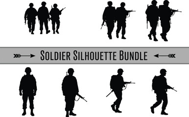 Soldier silhouette bundle illustration set with military men, army poses, black vector design, war concept, walking soldiers, combat gear, battlefield theme