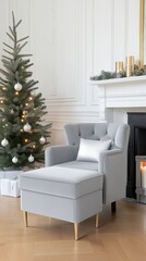 Naklejka premium Warm living room features a fireplace, decorated Christmas tree, and an inviting armchair, creating a festive holiday atmosphere