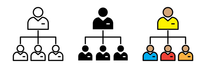 A modern flat-style company hierarchy structure symbol in colored, filled, and stroke design. Represents organizational chart, management levels, and corporate structure.
