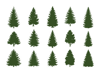 Fototapeta premium Collection of Dark Green Pine Tree Silhouettes on White Background