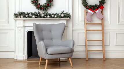 Naklejka premium This living room features a white interior, a warm fireplace, and festive Christmas stockings hanging above garlands
