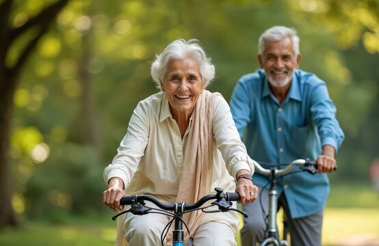 Happy senior Indian couple riding bicycles in summer park. Elderly woman, old man enjoy active retirement together. Cheerful mature people cycling outdoors, fun, leading vibrant healthy lifestyle.