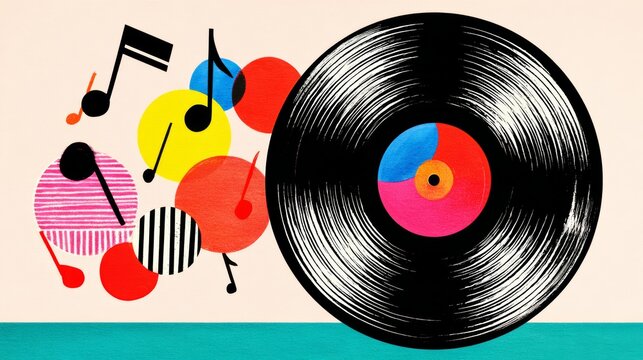 Record album with a colorful design and a black record. The album is filled with musical notes and circles. The album is a representation of the joy and excitement of music