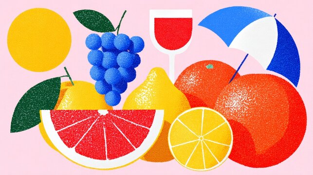 Colorful drawing of fruit and a glass of wine with an umbrella in the background. Scene is cheerful and inviting, with the fruits and wine suggesting a relaxed and enjoyable atmosphere