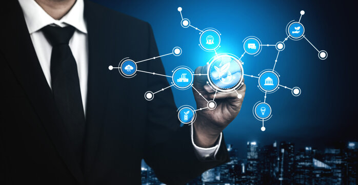 A professional businessman engages with a futuristic digital network of icons, representing innovative technology and connections in a dynamic urban landscape. Tessel