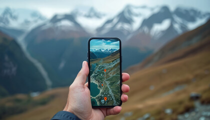 Hand holding smartphone with map app on screen. Person using phone to navigate through mountainous landscape. Mountains and hills in background. User explores outdoor route with digital map.