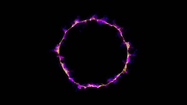 Electric Particle Energy Ring horizontal 1. Vibrant glowing ring made of dynamic electric particles in purple, blue, and gold colors, pulsating with energy on a dark background. 