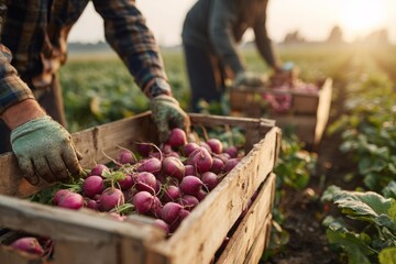 Farmers harvesting radishes in wooden crates at sunrise, showcasing fresh produce and dedication to sustainable agriculture with organic farming practices in a rural landscape.