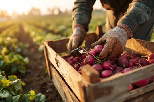 Farmer harvesting fresh radishes into a wooden crate in the early morning light, showing the vibrant red vegetables and the texture of the earth in the background.